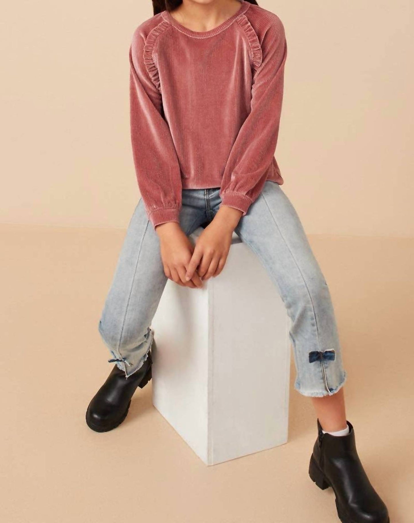 Girl's Ruffled Raglan Seam Brushed Rib Top
