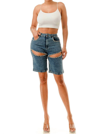 Embellished Pearl Denim Shorts
