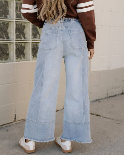 Cropped Wide Leg Raw Hem Jeans