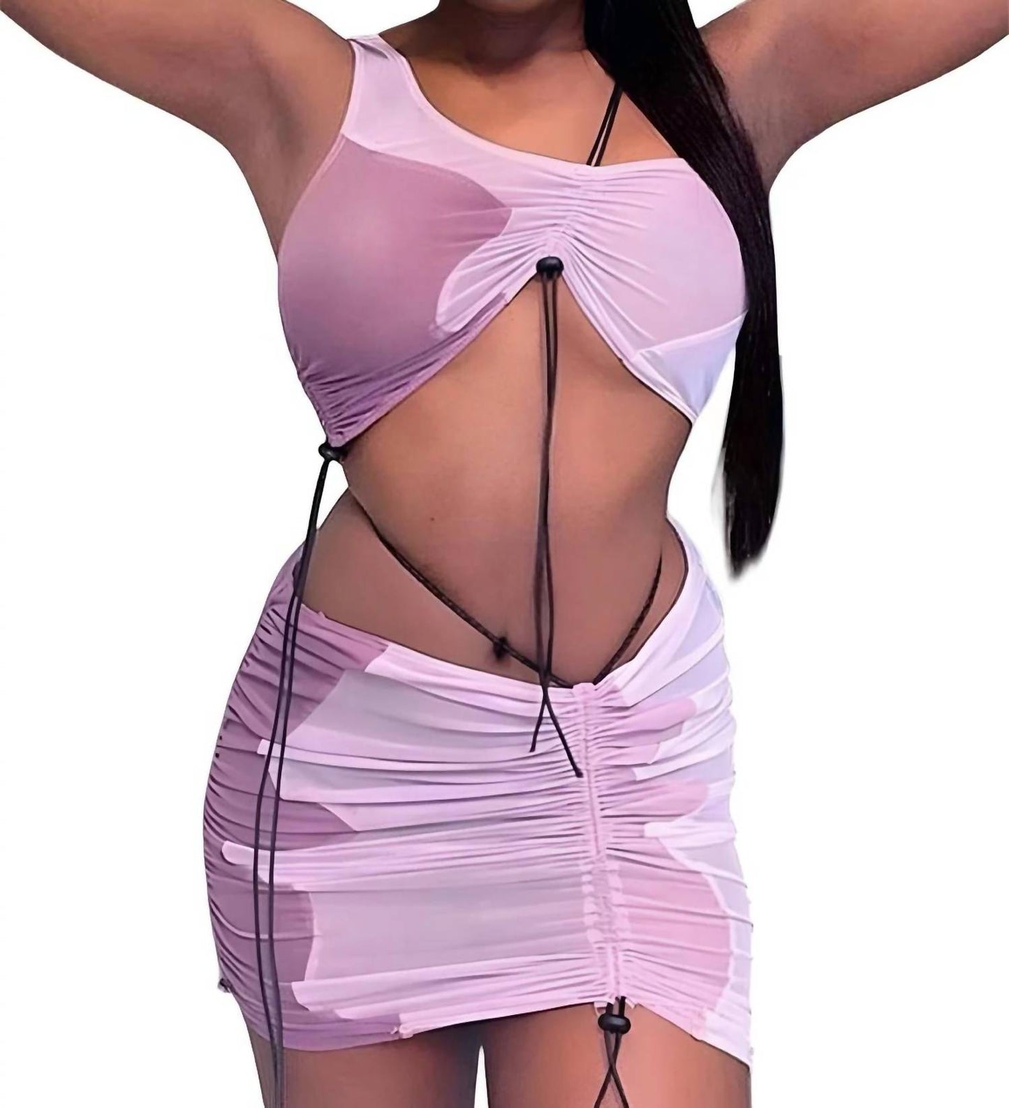 Misinformed - Matching Two Piece Ruched Mesh Mini Skirt Set