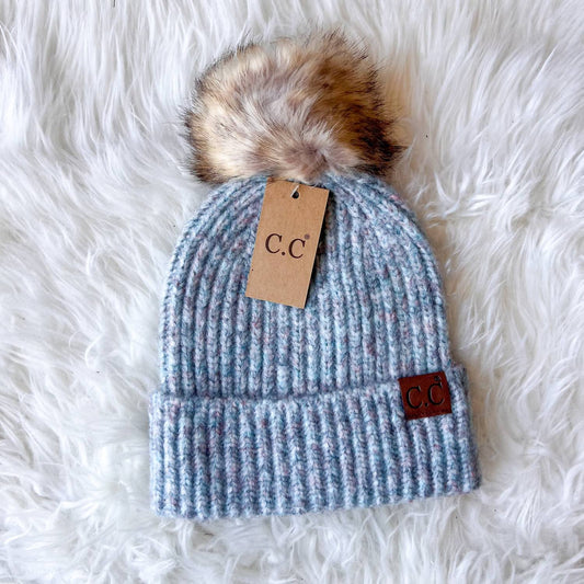 Women's Soft Ribbed Fur Pom Beanie
