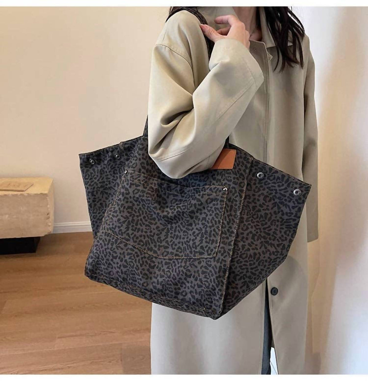 Leopard Print Slouchy Shoulder Tote Bag