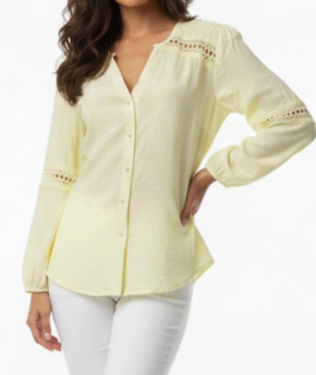 Lace-trim Split Neck Button-down Blouse