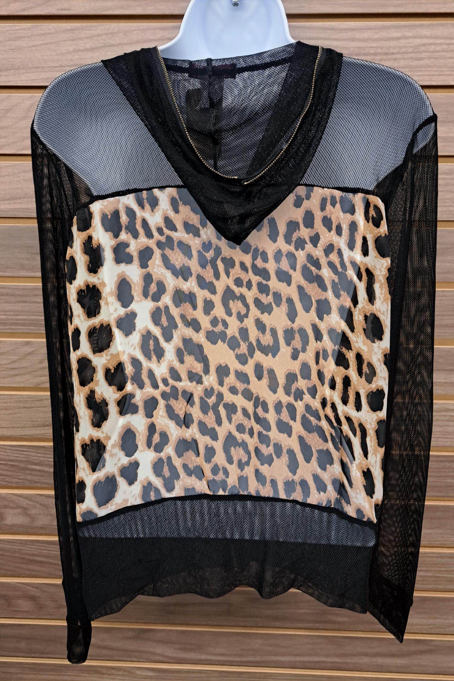 Pinklicious - Women's Leopard Chiffon Black Mesh Zip Up Jacket - Rack Hunt -