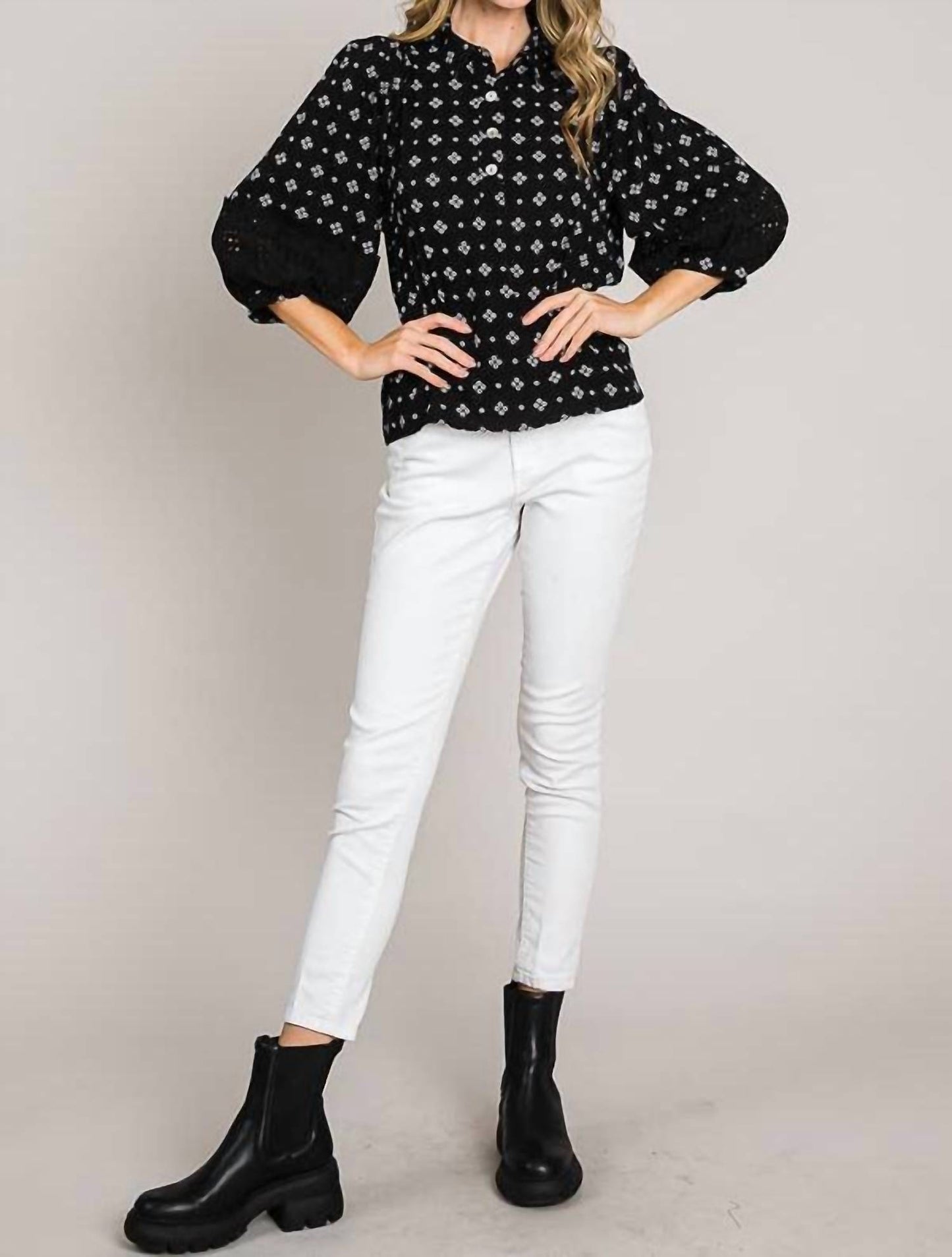 Bracelet Sleeve with Embroidered Eyelet Lace Trim Blouse