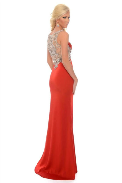 Precious Formals - Stretch Satin Gown With High Slit - Rack Hunt