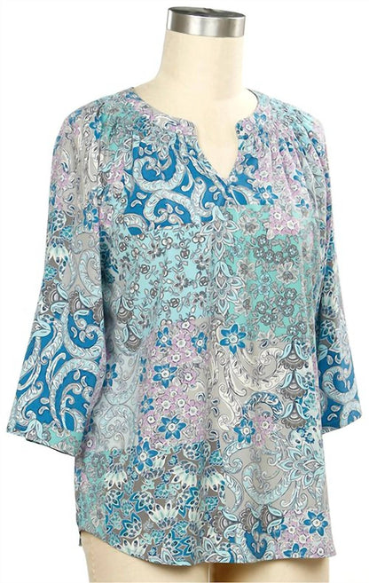 Women's 3/4 Sleeve Print Smock Neck Blouse
