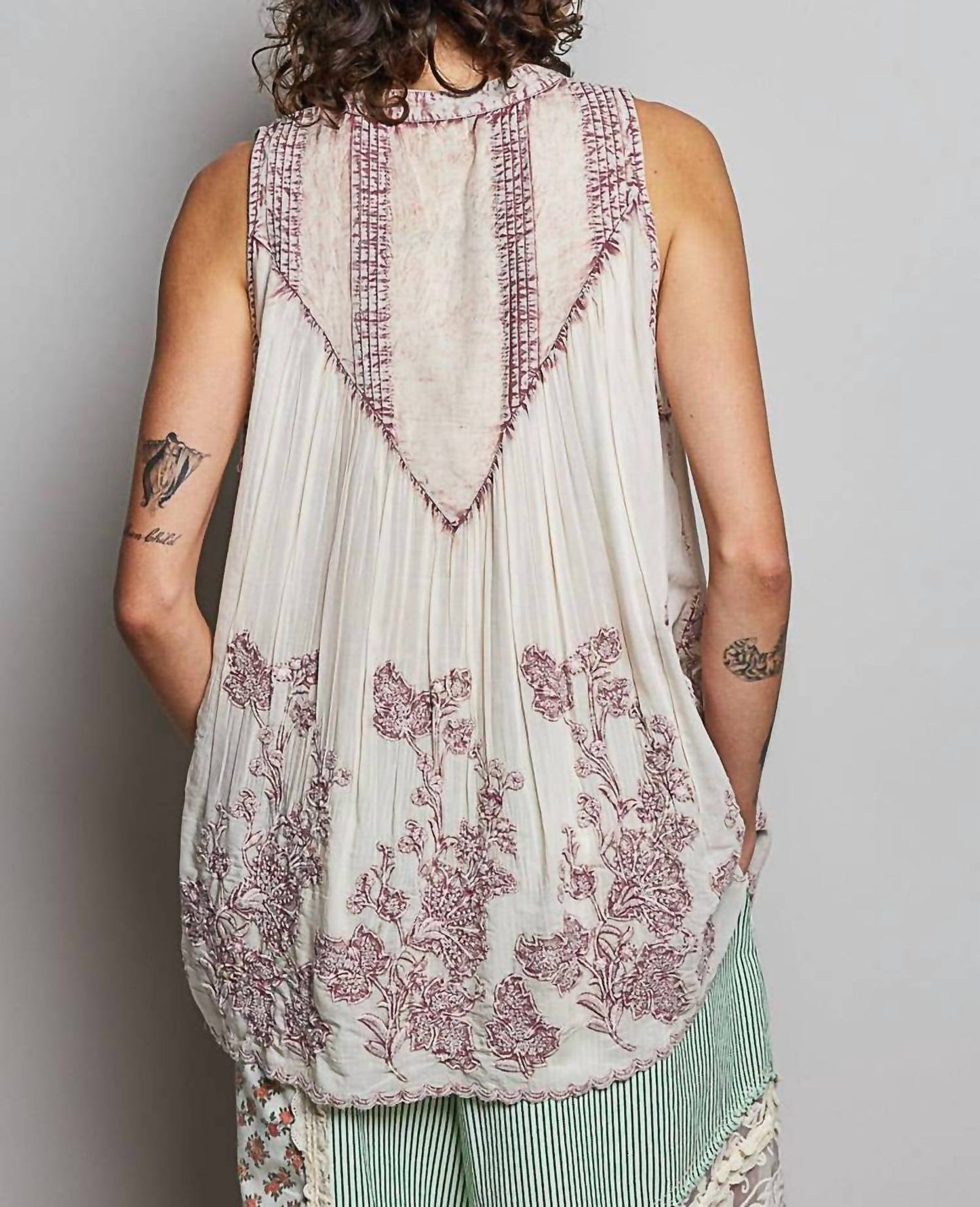 Embroidered V Neck Sleeveless Elastic Loop Shirring Top