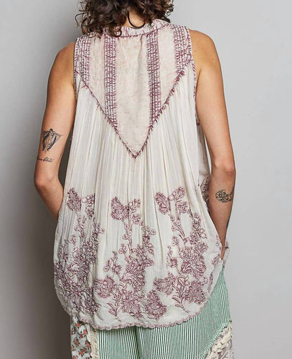 Embroidered V Neck Sleeveless Elastic Loop Shirring Top