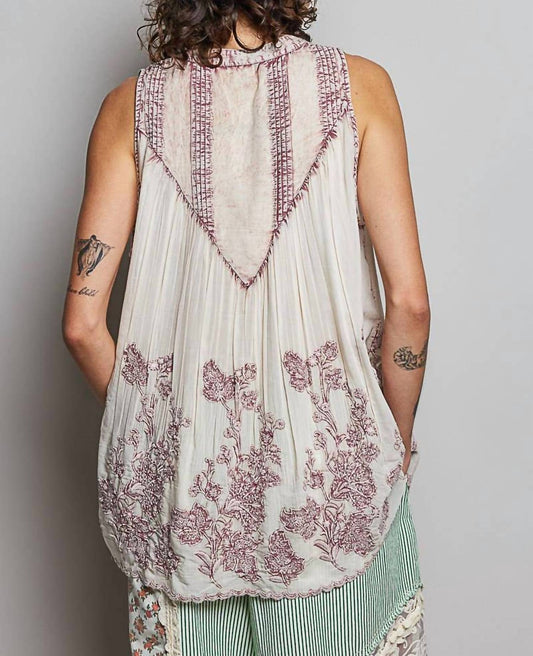Embroidered V Neck Sleeveless Elastic Loop Shirring Top