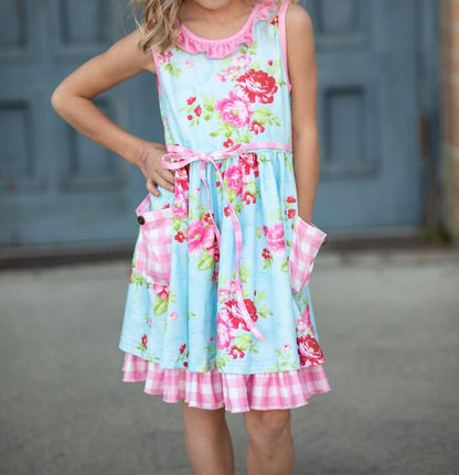 Girls Floral Gingham Check Pocket Ruffle Dress
