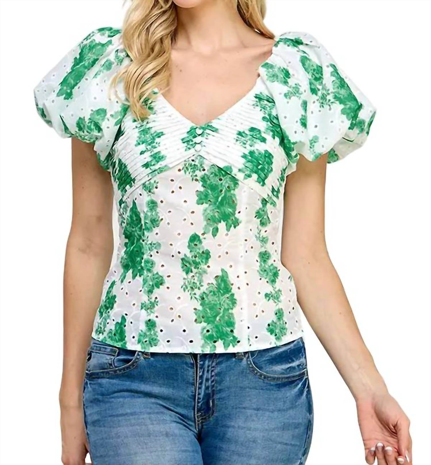 Rubienn - Eyelet Floral Print Balloon Sleeve Top - Rack Hunt -