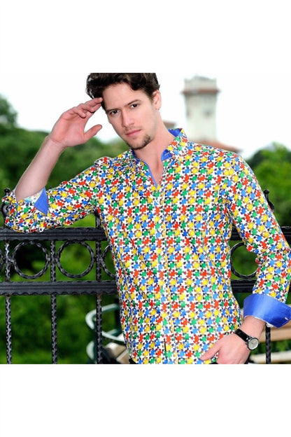 Men's Puzzle Digital Print Shirt With Trim
