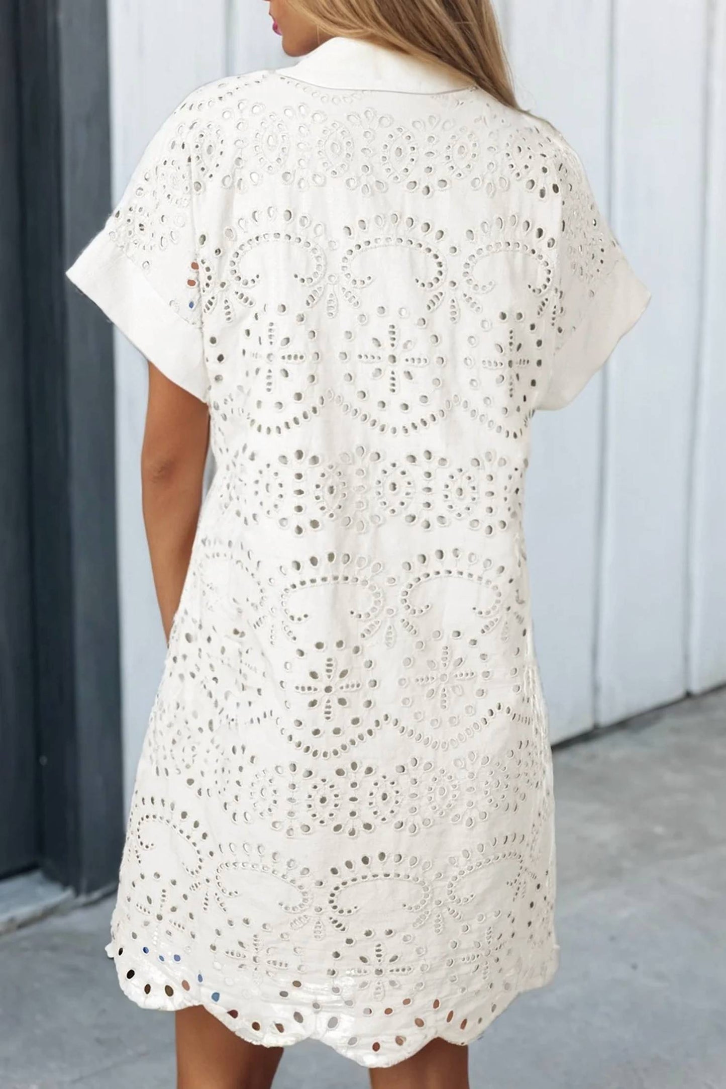 Solid Color Eyelet Embroidered T Shirt Mini Dress