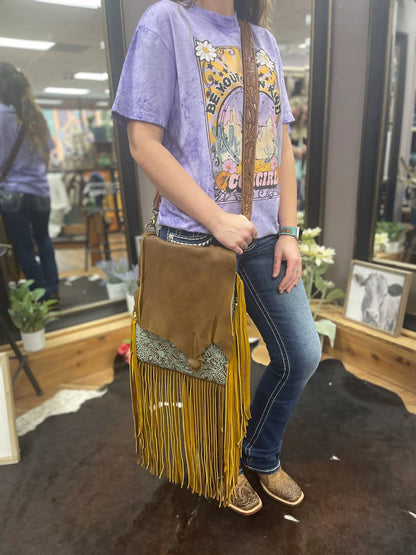 Women's All Leather Tooled Fringe Purse Bag