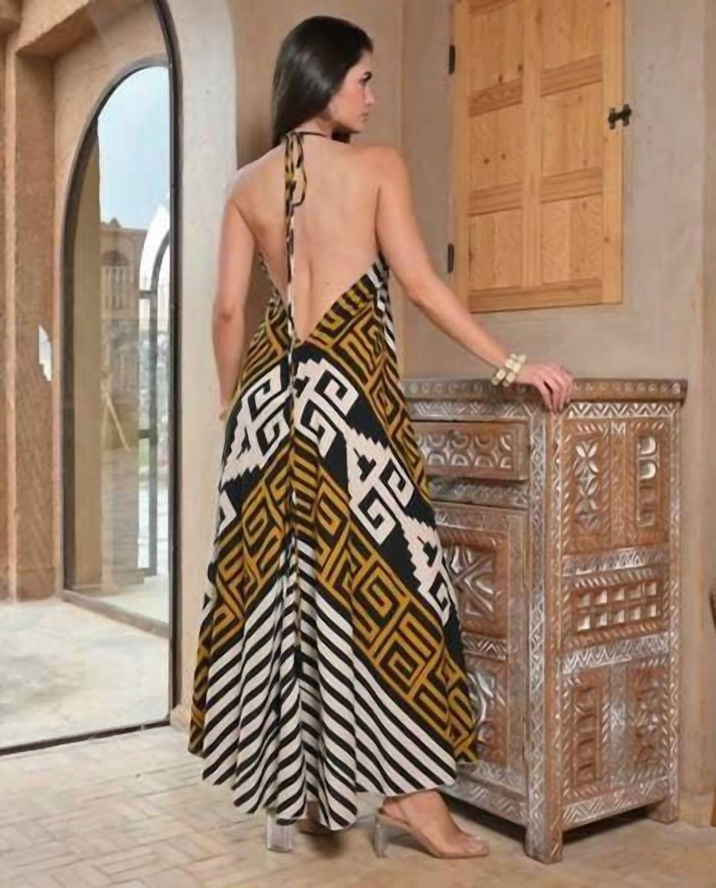 Levane V-neck Geometric Print Maxi Dress