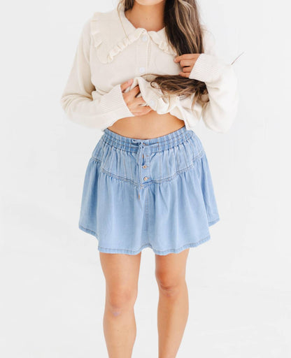 Women's Denim Stretch Soft Denim Pintuck Flare Mini Skirt