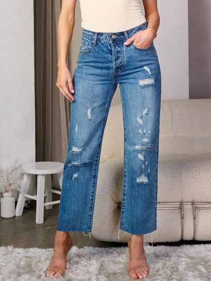 Button Closure Distress Wide Leg Denim Jeans