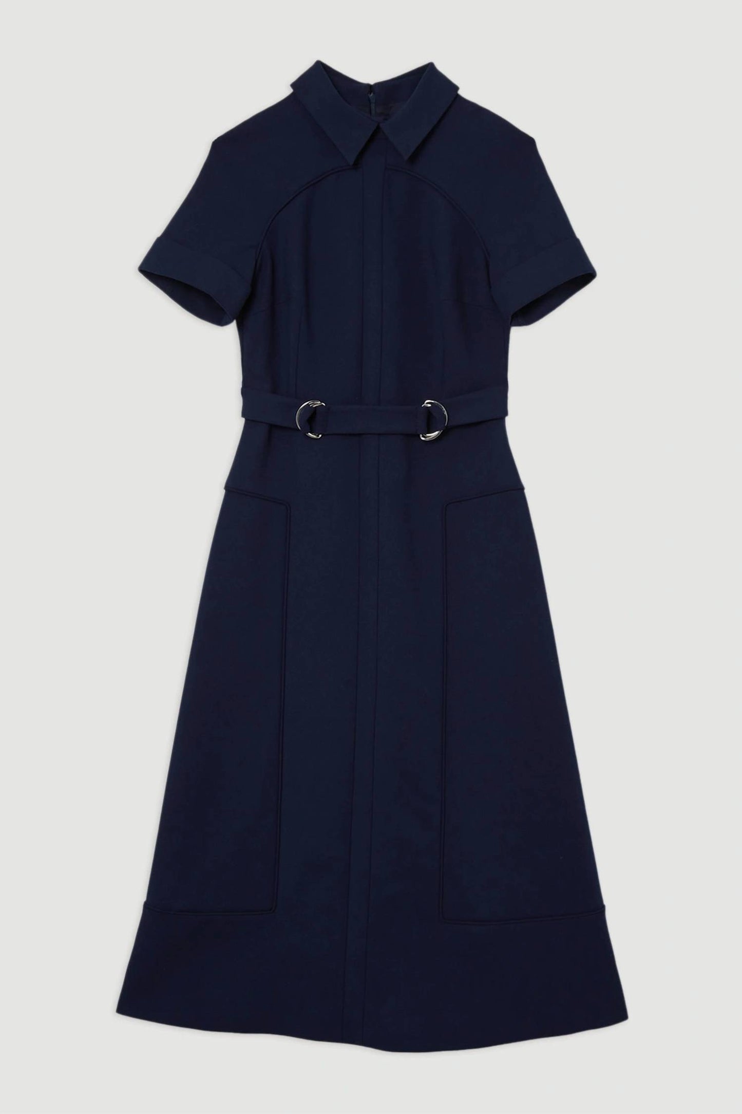 Compact stretch tipped tab detail full skirted midi dress