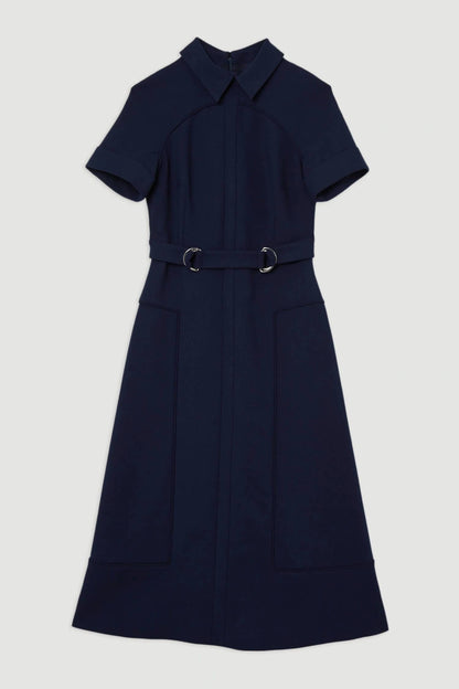 Compact stretch tipped tab detail full skirted midi dress