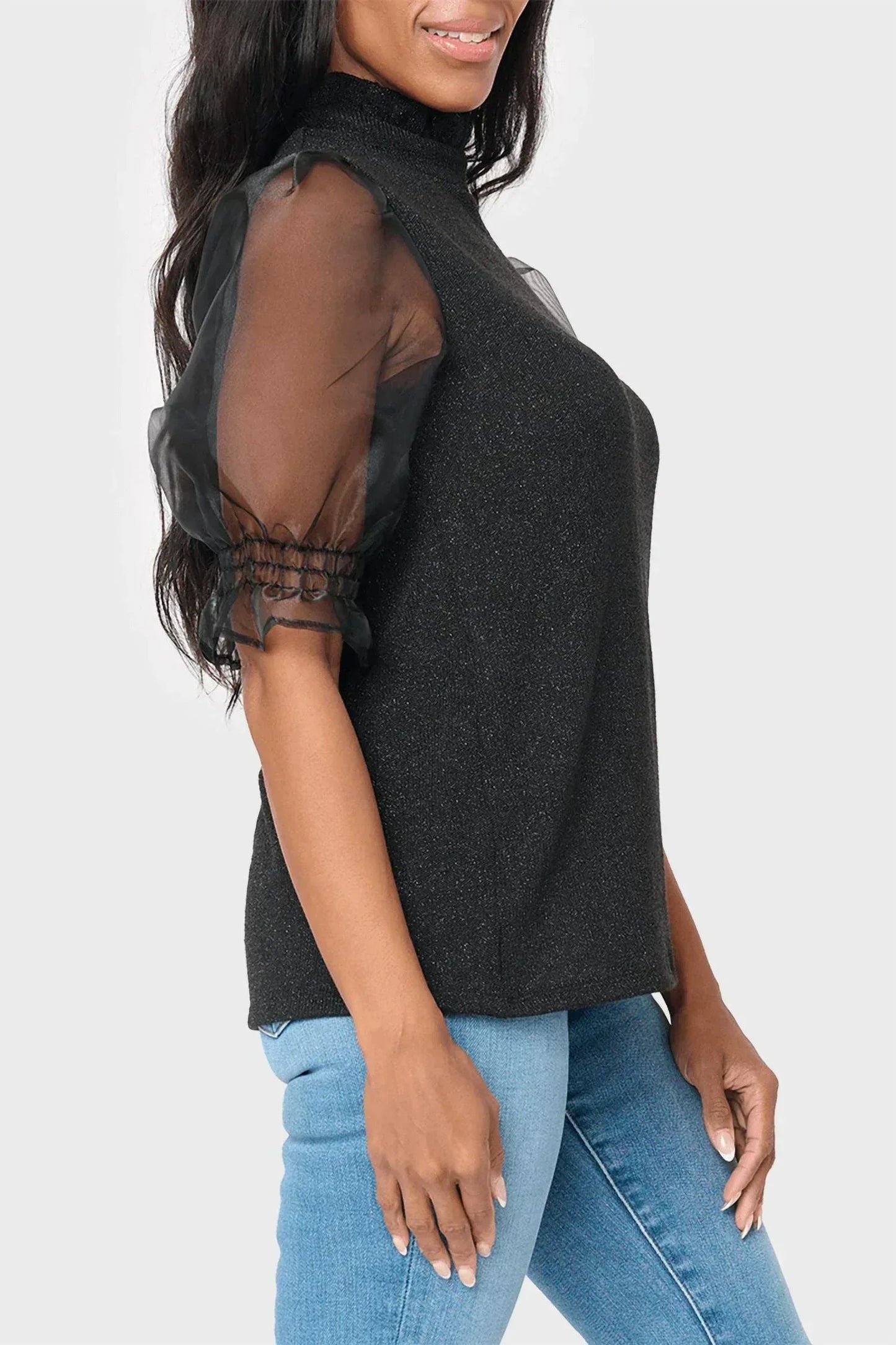 Gibsonlook - Feminine Ruffle Top with Organza Puff Elbow Sleeve - Rack Hunt
