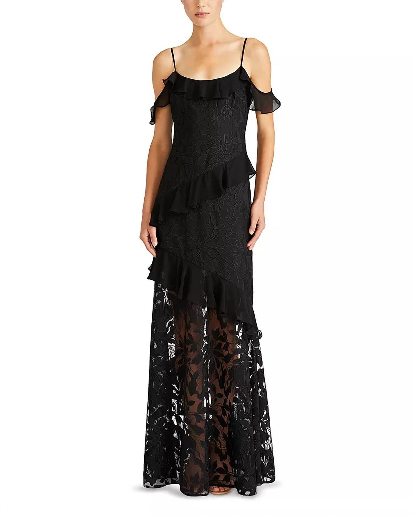 ML Monique Lhuillier - Siennaruffle Cold Shoulder Lace Gown Dress - Rack Hunt