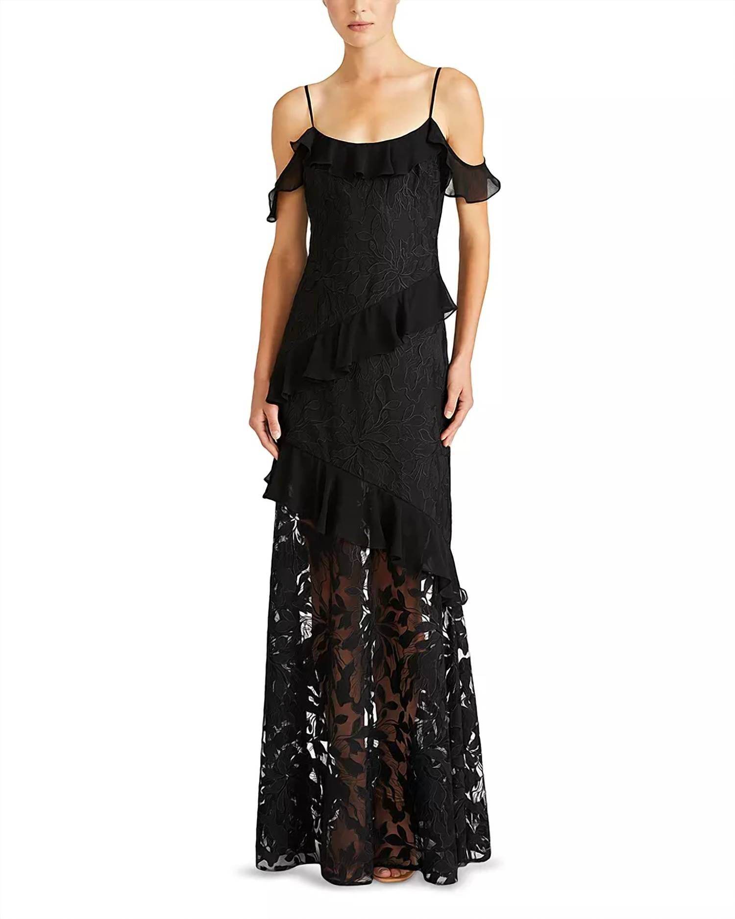 ML Monique Lhuillier - Siennaruffle Cold Shoulder Lace Gown Dress - Rack Hunt