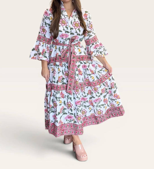 Women's Chinoiserie Bell Sleeve Belted Maxi Dress