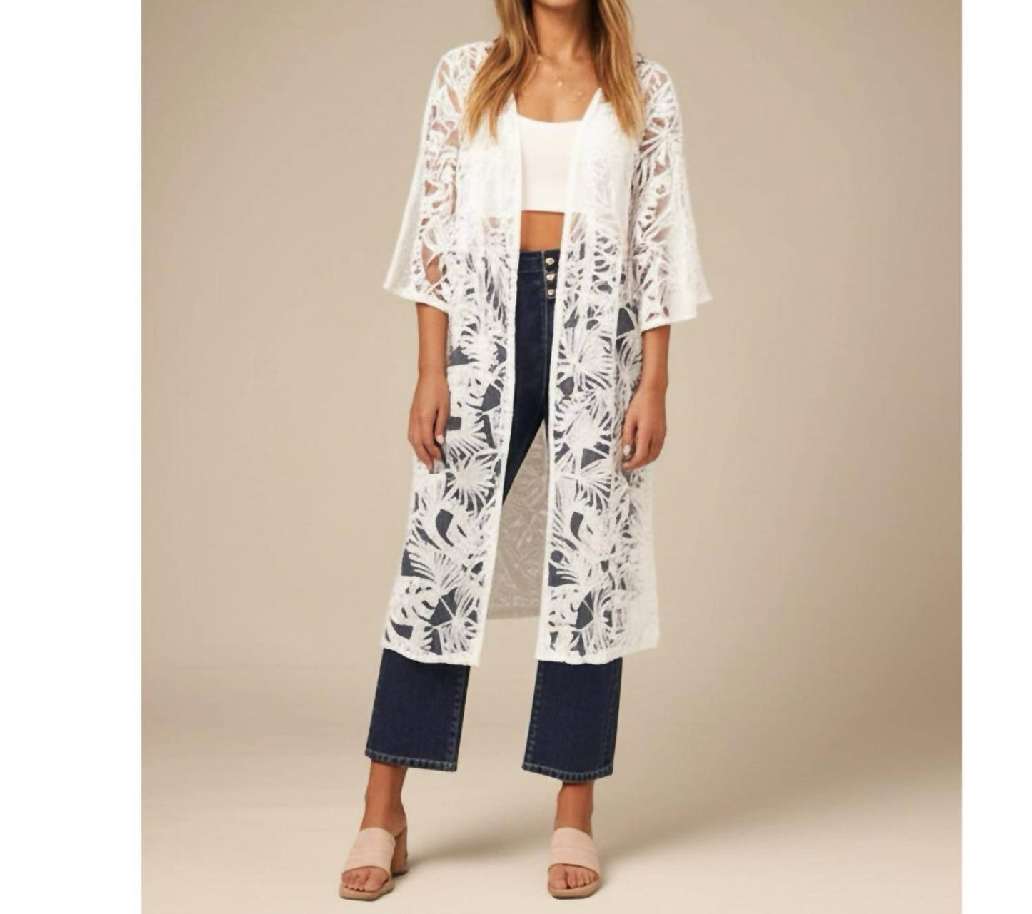Amber Skies - White Lace Kimono Tropical Leaf Design Resort Wear - Rack Hunt -