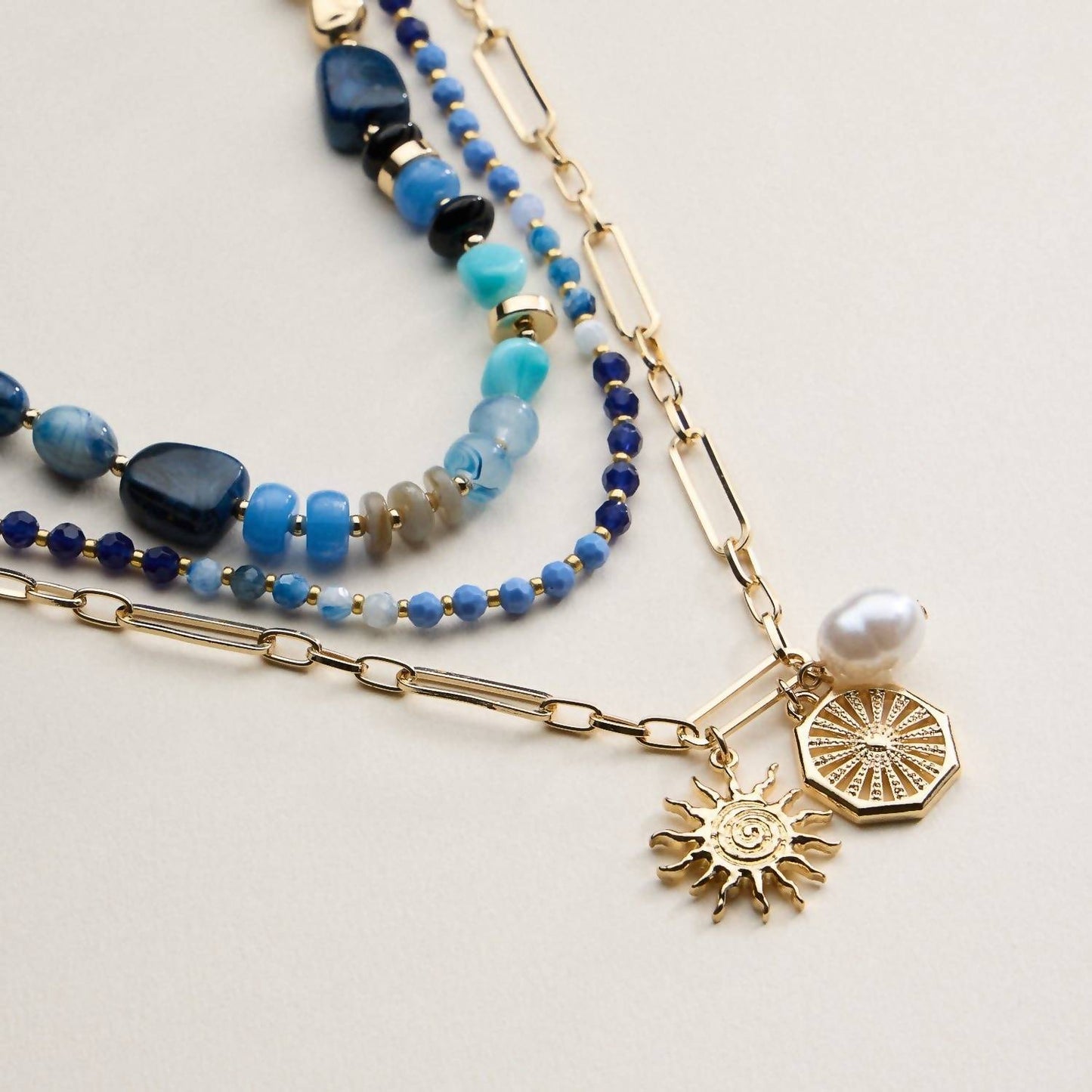 Women's Sun Charm Layered Beaded Necklace