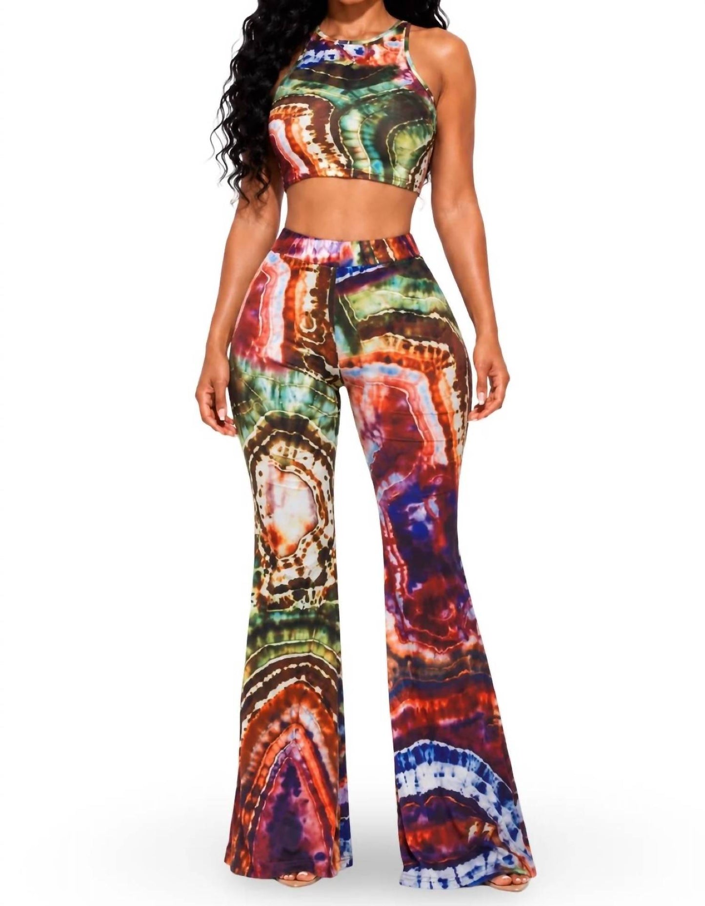 Italy Stretch Print Wide Leg Pants Set