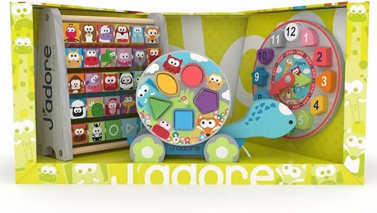 Natural Wood 3-in-1 Baby Gift Set – Abacus, Turtle Pull Toy & Clock Puzzle