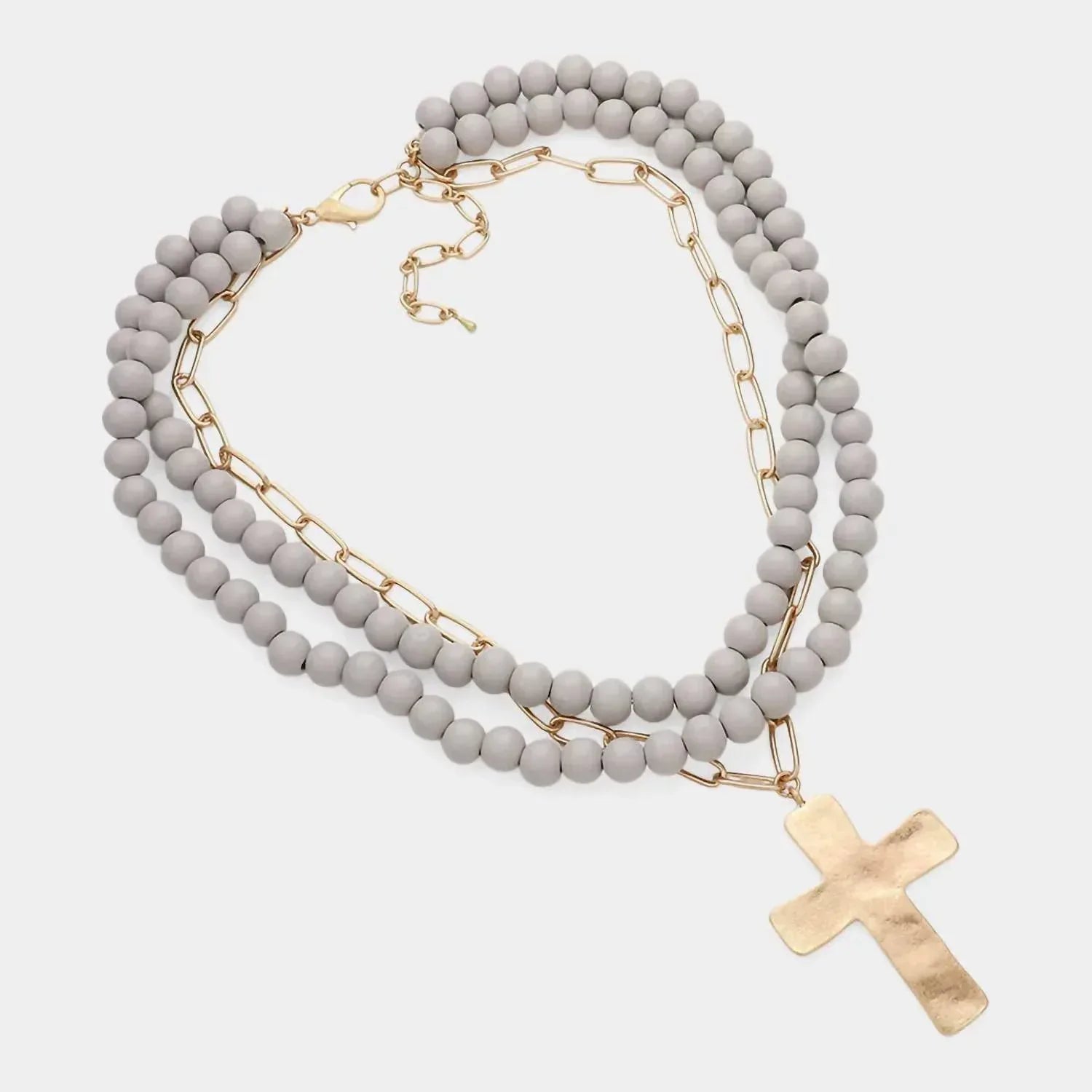 Sensibling Corp - Women's Maribelle Hammered Metal Cross Pendant Wood Bead Necklace - Rack Hunt