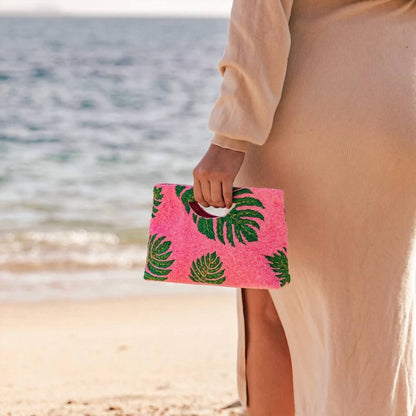Women's Palm Leaf Beaded Clutch Handbag