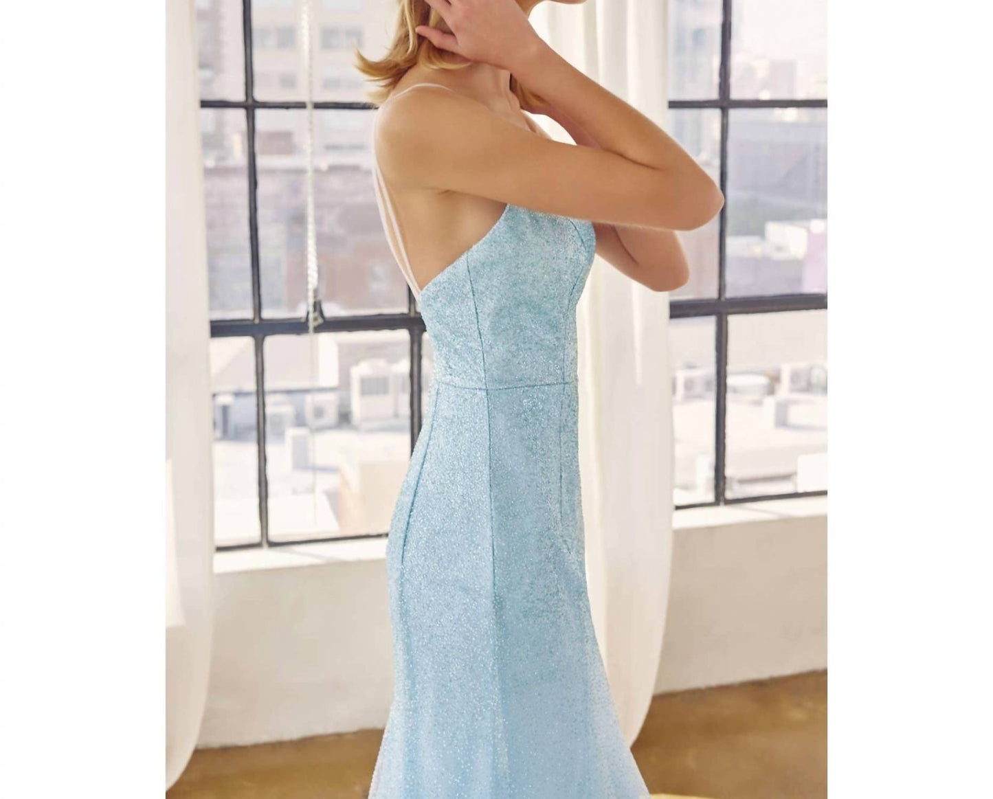 Glitter Mesh Fitted Evening Prom Gown