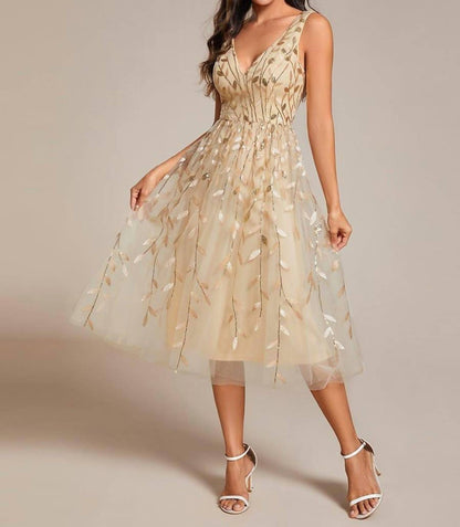 V-neck Leaf Sequined Sleeveless A-line Midi Wedding Guest Dress