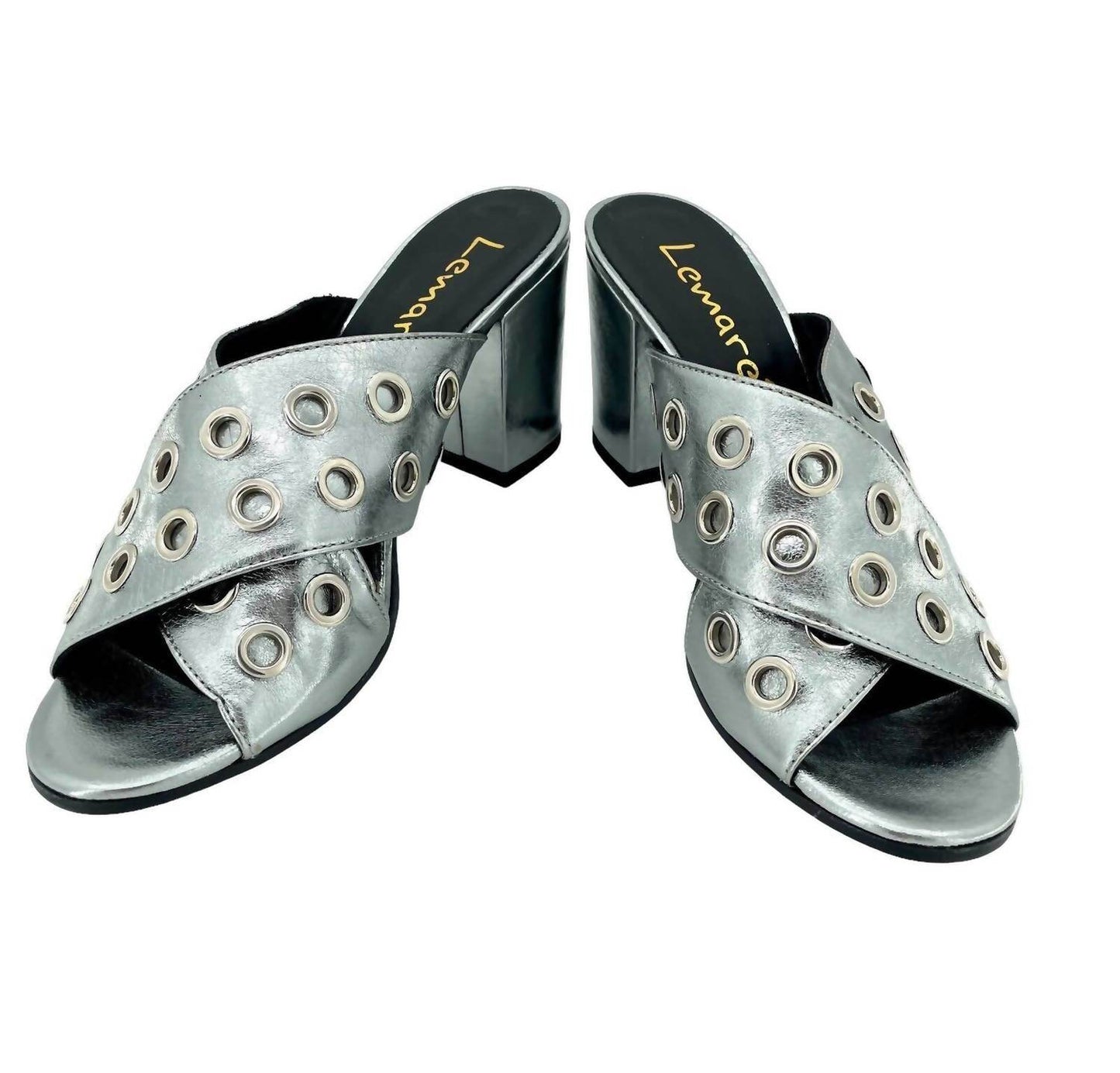 LEMARÉ - Women's Metallic Cross Grommet Block Heel Sandals - Rack Hunt