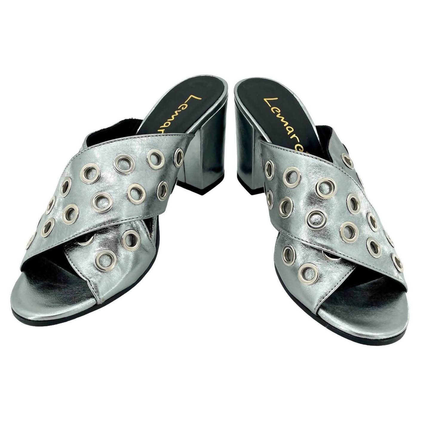 LEMARÉ - Women's Metallic Cross Grommet Block Heel Sandals - Rack Hunt