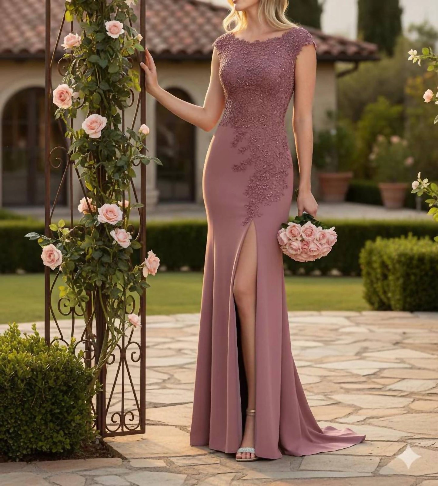 Pageant Boat Neck Cap Sleeve Sheath Gown