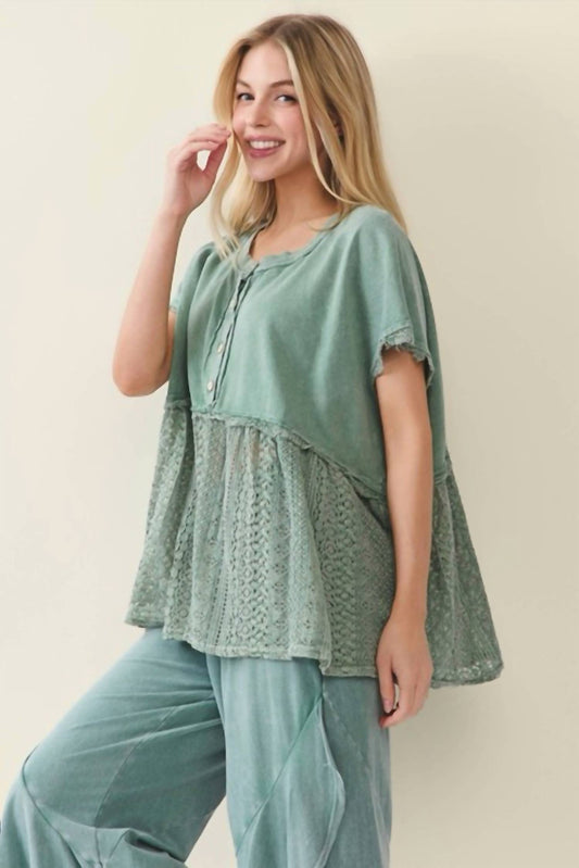 Mineral Washed Lace Babydoll Blouse Top