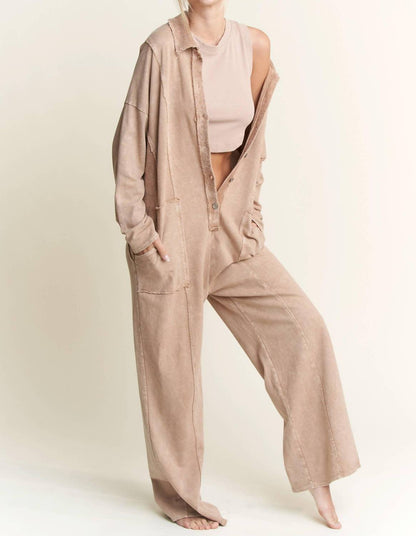 Mineralwash Button Down Collar Onesie Jumpsuit