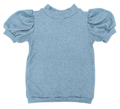 Girl's Ribbed Sparkle Puff Sleeve Top
