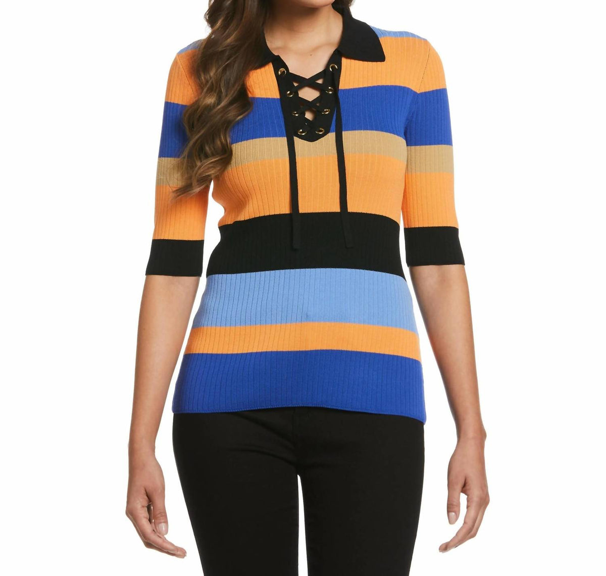 Women's Lace-up Polo Sweater Top - Plus