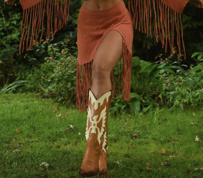 Cotton Gauze Fringe Wrap Top And Skirt Set