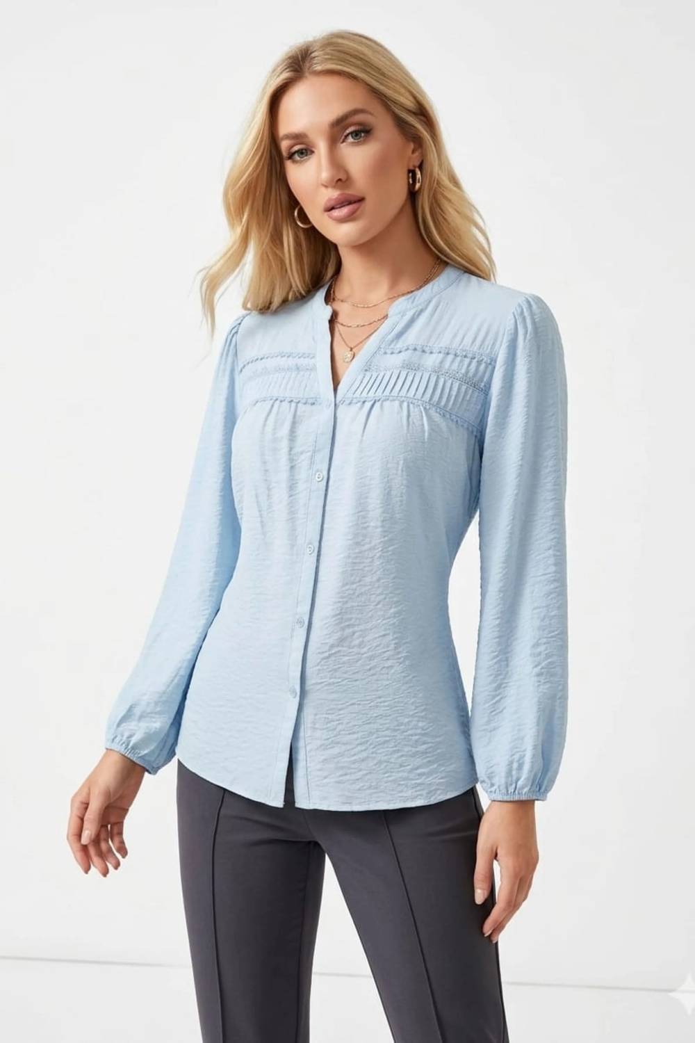 Pintuck Pleated Long Sleeve Blouse
