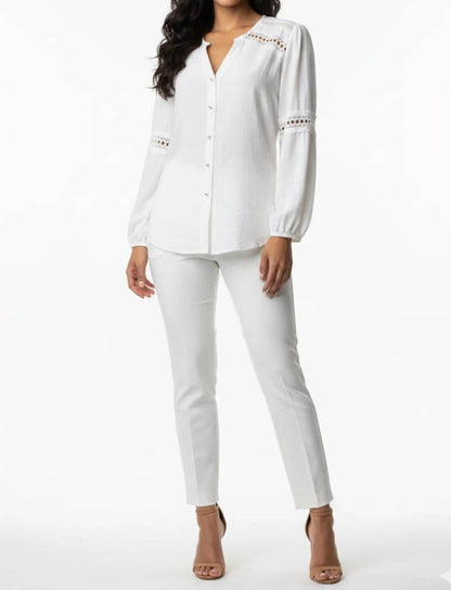 Lace-trim Split Neck Button-down Blouse