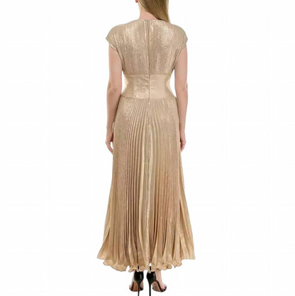 Metallic Pleated V-neck Cap Sleeve Gown
