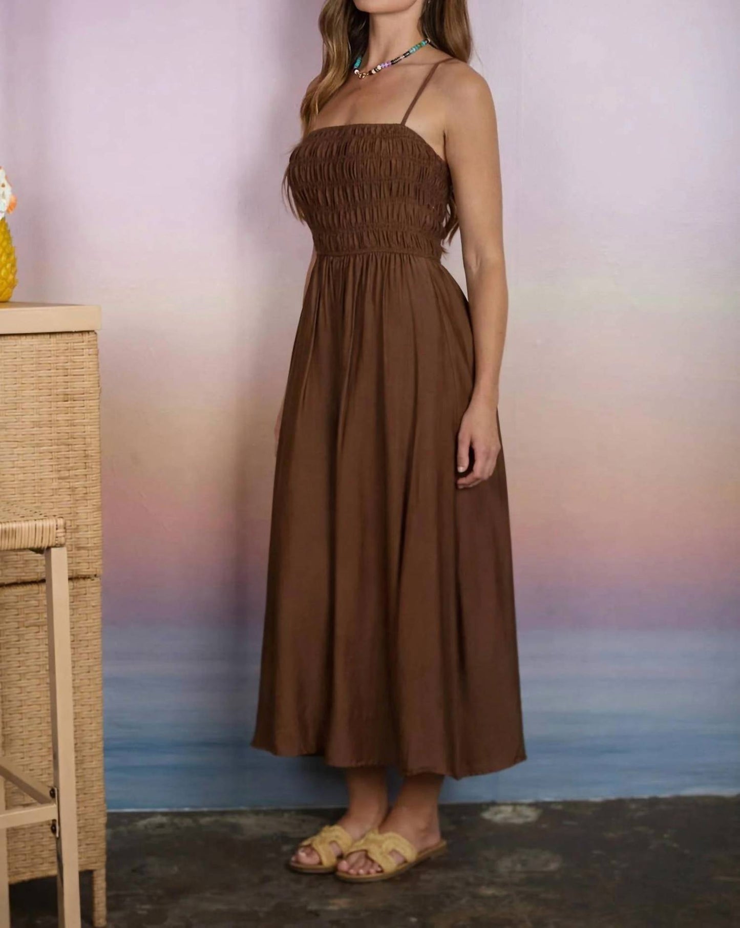Shirred Bodice Spaghetti Strap Midi Dress