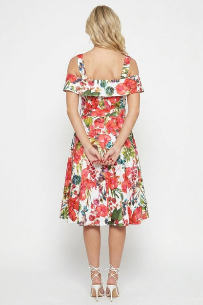 Floral Cold-shoulder Fit And Flare Party Dress