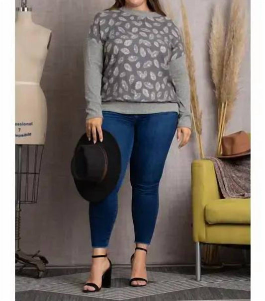 Leaves Print Rib Contrast Plus Size Top